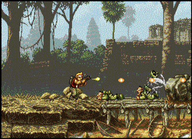 Metal Slug CoCo3 demake on the CoCo 3: Marco opens fire on Rebel soldiers in the jungle
