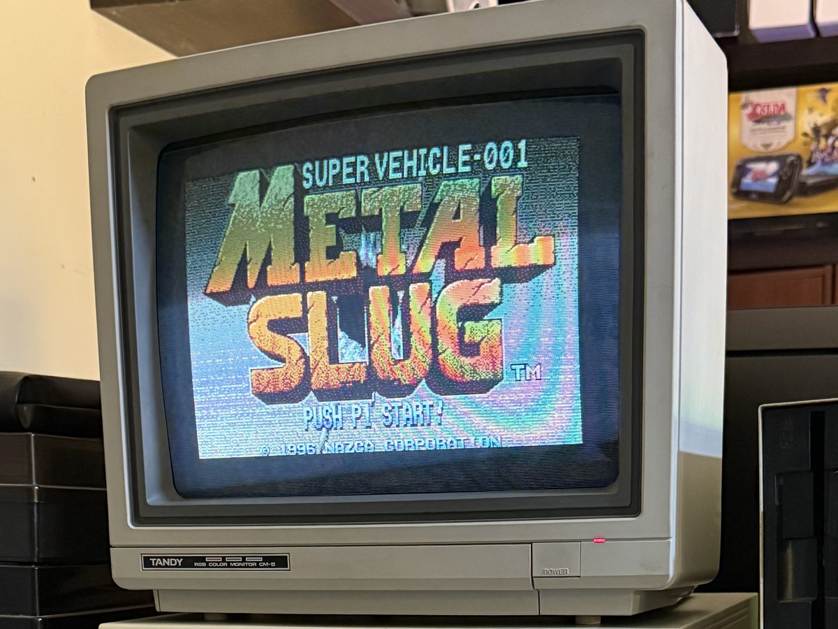 Metal Slug CoCo3 demake on the CoCo 3: The title screen on a real CoCo 3
