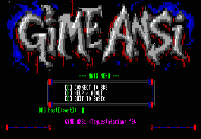 GiME ANSi main menu on the CoCo 3 with options to connect to a BBS, view help, or quit to BASIC