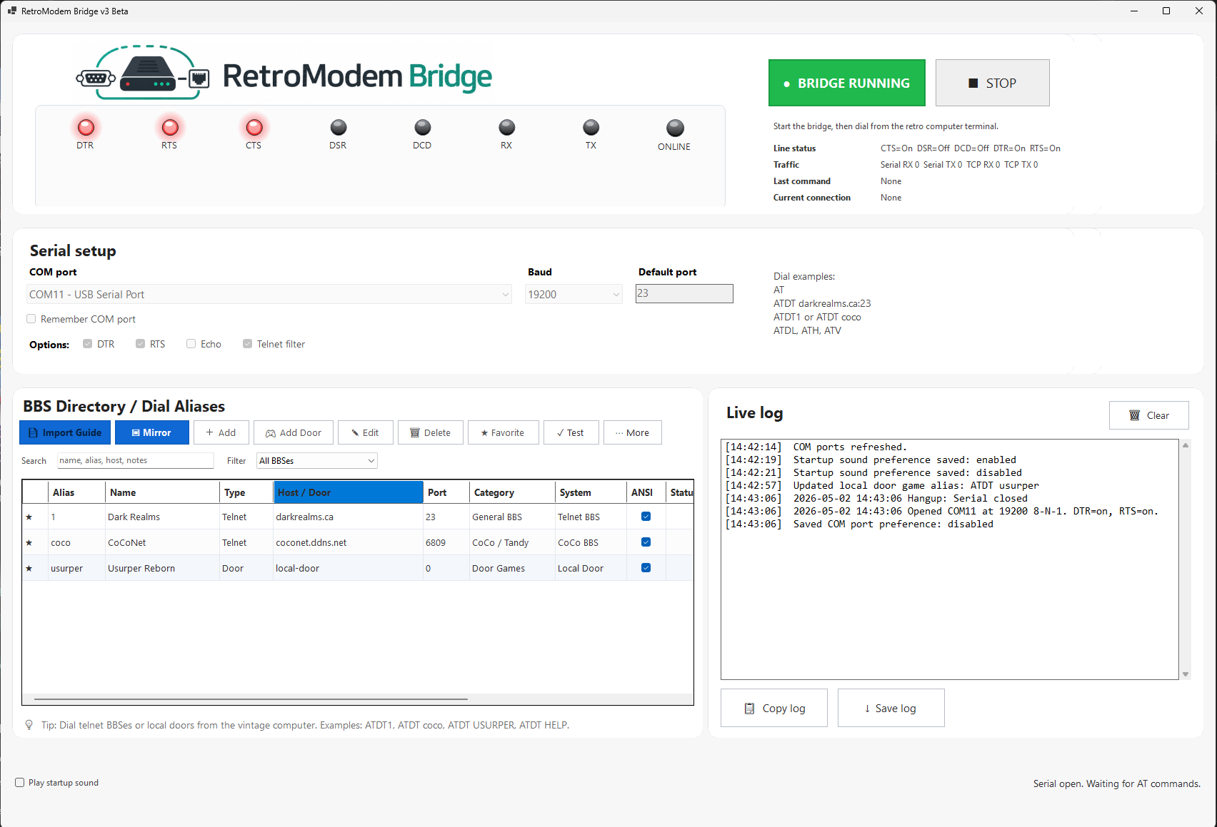 RetroModem Bridge Windows interface showing serial configuration, BBS directory entries, bridge status, and live connection log
